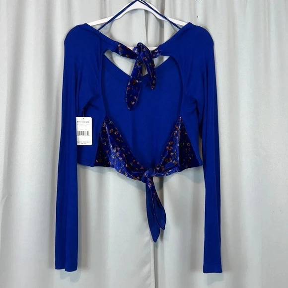 Free People NWT Looking Forward Blue Frame V-Neck Long Sleeve Tie Back Top - Picture 2 of 9
